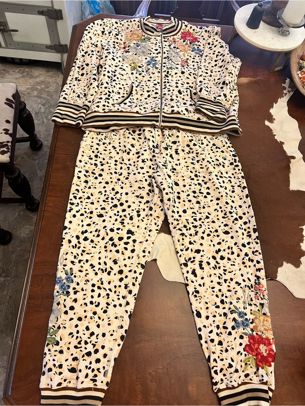 Johnny Was Cream Leopard-Spot Zip Jogger Set with Floral Embroidery